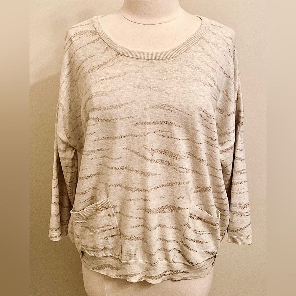Democracy Cream Gold Metallic Zebra Stripe SZ M Safari Chic Neutral Sweater